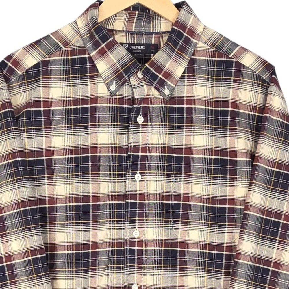 Daniel Cremieux Button Down Shirt Mens XL Ivory Blue Plaid Long Sleeve Classics
